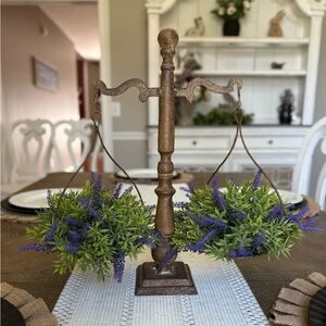 Rustic Metal Balance Scale Centerpiece with Lavender Arrangement